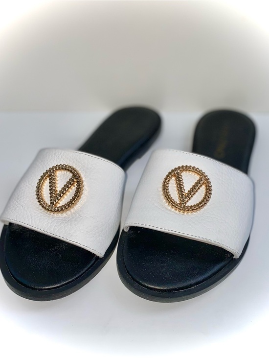 Valentino By Mario Valentino Shoes - Valentino By Mario Valentino White Slide Sandals with Gold Logo